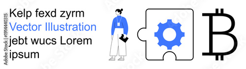 Cryptocurrency, fintech, blockchain, digital economy, business strategy, innovation. Businesswoman standing, gear in puzzle piece Bitcoin icon. Cryptocurrency and fintech illustration concept