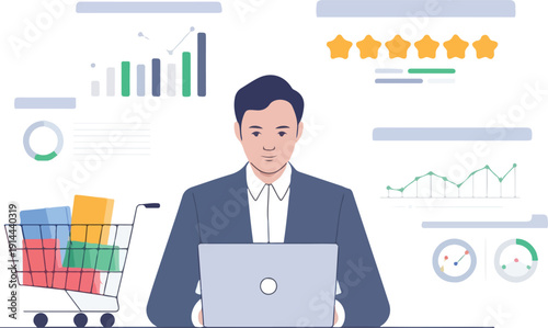 A businessman in a suit gives a successful corporate presentation using graphs and charts on a whiteboard in the office