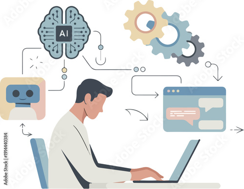 A businessman working on a laptop computer represents the modern technology concept of cloud computing and network communication in the office