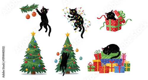 Collection of Playful Black Cats Interacting with Decorated Christmas Trees and Wrapped Gifts, Creating a Humorous Festive Scene on Isolated White Background.