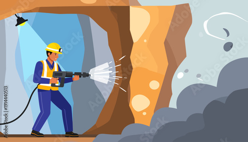 Miner drilling rock with jackhammer