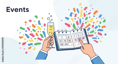 Hand Pointing at Calendar Dates with Champagne Glass and Confetti for Event Planning