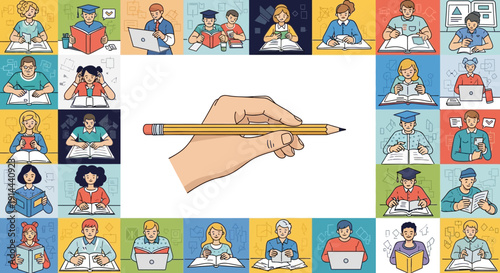 Hand Holding Pencil Surrounded by Diverse Students Learning and Studying in a Bright Studio