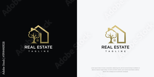 Golden Real Estate Logo with House and Tree Modern Luxury Property and Home Branding Design.