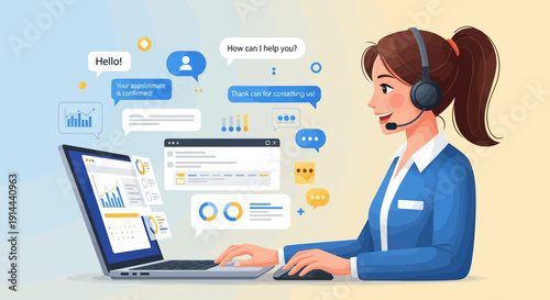 Friendly Woman with Headset Providing Customer Support and Online Consultation on Laptop in a Bright Studio