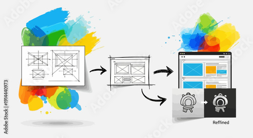 Creative UI UX Design and Development Process with Colorful Abstract Background in a Bright Studio