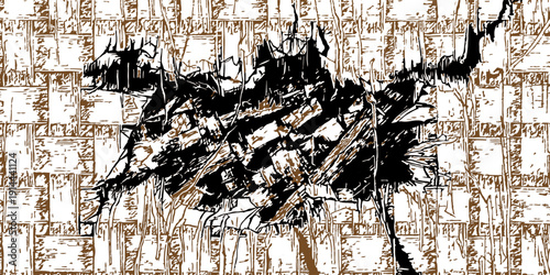 A damaged woven bamboo wall. The textured surface of this abandoned wooden wall is made of weathered brown woven bamboo.