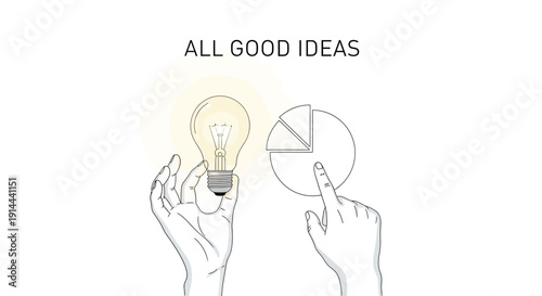 Two hands illustrating the process of innovation and analysis, one holding a glowing light bulb symbolizing a new idea, and the other pointing at a pie chart, on an isolated white background.