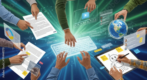 Multiple hands collaborating on futuristic digital interfaces, interacting with global data, screens, and virtual elements, showcasing modern technology and teamwork.