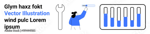 Technician holding a pipette near test tubes, wrench icon, and graphical data. Ideal for science, technology, data, research, experiment, innovation healthcare simple landing page