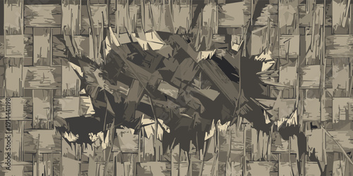 The textured surface of a damaged and weathered wooden wall. The textured surface of this abandoned wooden wall is made of weathered brown woven bamboo.