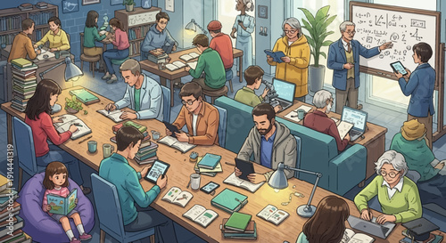 Diverse People Working and Collaborating in Busy Coworking Office or Study Space