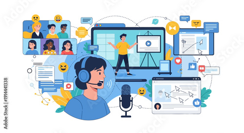 Professional Online Presenter or Customer Support Agent Engaged in Video Conferencing and Live Streaming