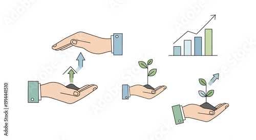 Hands Nurturing a Growing Plant and Upward Trending Bar Graph, Representing Business Growth and Sustainable Development on Isolated White Background