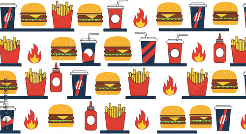 Flat lay illustration of various fast food items including burgers, fries, drinks, and flames on a white background with a colorful and playful composition.