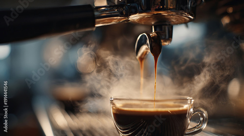 Fresh espresso pouring from a coffee machine with steamed crema and cinematic reflections