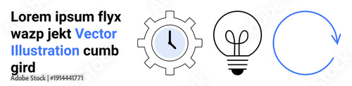 Time management, innovation, workflow optimization, productivity solutions, creativity, automation. Gear clock, lightbulb circular arrow. Time management and innovation concepts for business