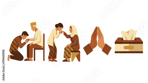 Indonesian Sungkeman Eid Forgiveness Tradition Icon Set, Kneeling Hand Kissing Respect Gesture Collection Illustration