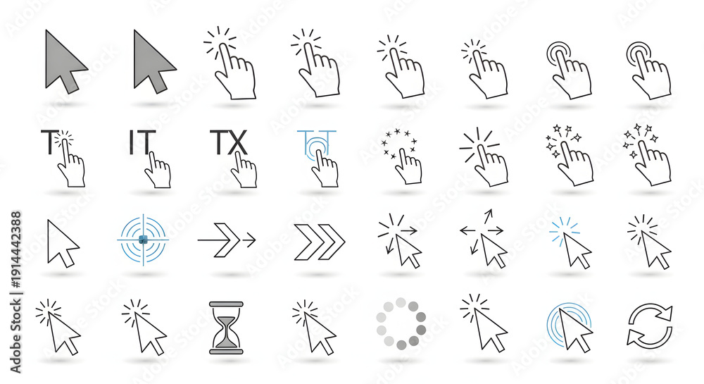 Fototapeta premium Web Clicks and Digital Cues: A collection of icons showcases diverse actions with mouse pointers and finger gestures, representing the essence of digital interaction.
