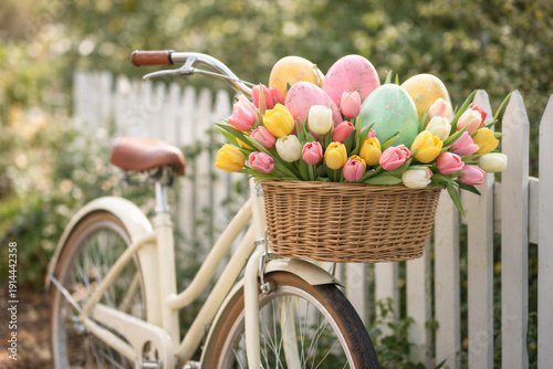 Wallpaper Mural Vintage bicycle adorned with wicker basket overflowing with colorful tulips and painted Easter eggs beside white picket fence Torontodigital.ca
