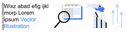 Business strategy, data analysis, goal management, planning tools, search optimization, productivity. Magnifying glass over a calendar and a person with a search bar on growth charts. Business