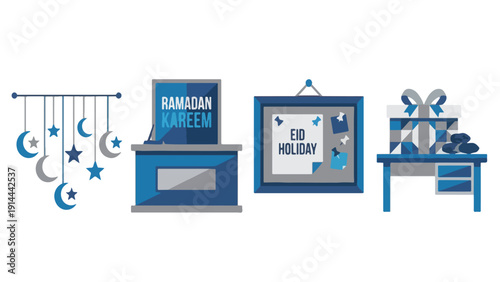Corporate Office Ramadan Decoration and Announcement Set, Ceiling Decor Reception Desk Notice Board Hamper Collection