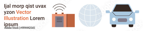 Automotive technology, global communication, wireless technology, IoT, connectivity, smart devices. Icons of a car, globe and wireless transmitter. Automotive technology and global communication