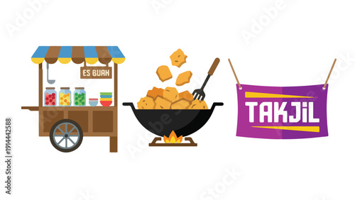 Street Food Vendor Takjil Cart and Snack Icon Set, Gerobak Es Buah Gorengan Plastic Drink Collection Illustration