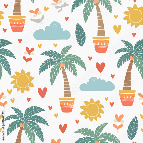 Boho summer pattern. Tropical palms, clouds, hearts, ceramic pots, groovy flowers seamless beach bg. Scandinavian design.
