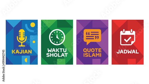 Islamic Worship Goal and Target Achievement Icon Set, Quran Prayer Charity Dhikr Badge Collection Illustration