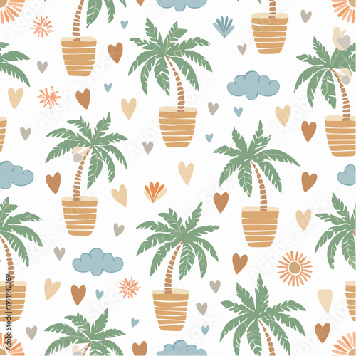 Boho summer pattern. Tropical palms, clouds, hearts, ceramic pots, groovy flowers seamless beach bg. Scandinavian design.