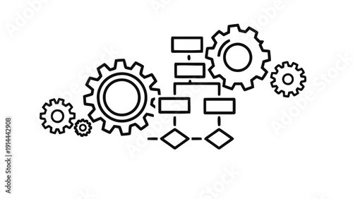 Vector illustration of line art icon of gears and flowchart symbols representing process, workflow, system, or business mechanism concept on a transparent background