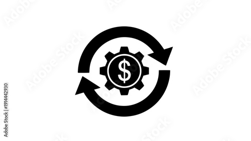 Vector illustration of circular arrows surrounding a gear icon with a dollar sign inside, representing financial process, money cycle on a transparent background