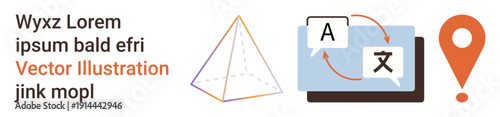 Language translation, geolocation, education, global communication, digital interface, localization. Symbols of a translation app, map marker and geometric diagram. Language translation