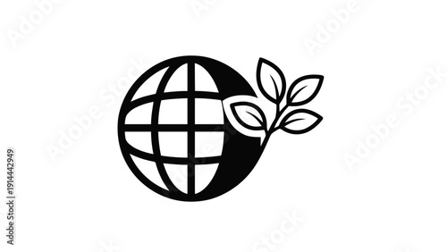 Vector illustration of global environmental protection and sustainability concept icon, stylized earth globe with a growing plant sprout, black and white line art on a transparent background