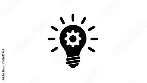 Vector illustration of black and white icon of a light bulb with a gear inside, symbolizing innovation, idea, solution, mechanism, and creativity, on a transparent background