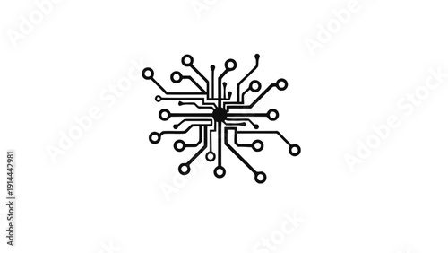 Vector illustration of abstract black and white circuit board microchip icon design with connections and nodes on a transparent background