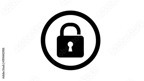 Vector illustration of black and white icon of a closed padlock inside a circle, symbolizing security, privacy, or locked status, on a transparent background