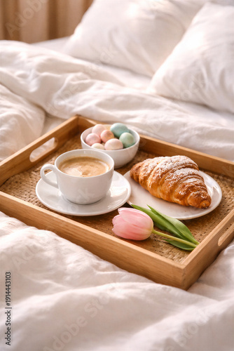 Wallpaper Mural Wooden breakfast tray with fresh coffee croissant and spring tulip arranged on cozy white bedding for romantic easter spring morning meal Torontodigital.ca