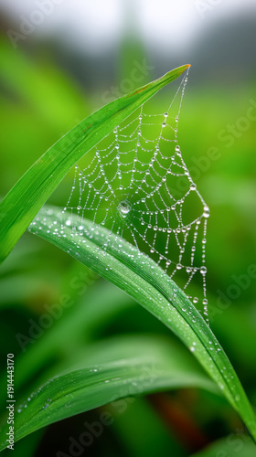 Dew-covered spider web on lush green leaves capturing morning serenity