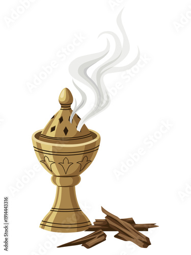 Illustration of traditional bakhoor incense burning in a brass stove, with agarwood chips below, isolated on a white background.