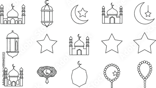 Ramadan mosque crescent moon lantern star prayer beads icons, Islamic holy month fasting celebration, religion culture spirituality tradition illustration design