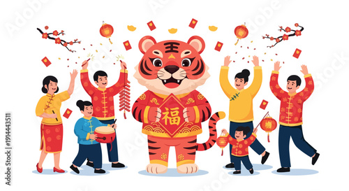 Illustration of a diverse family celebrating with a tiger mascot, surrounded by festive decorations and red envelopes, conveying a joyful and festive mood.