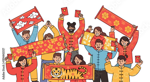 Diverse group of people holding up red and yellow banners and flags with floral patterns and Chinese characters on a white background.