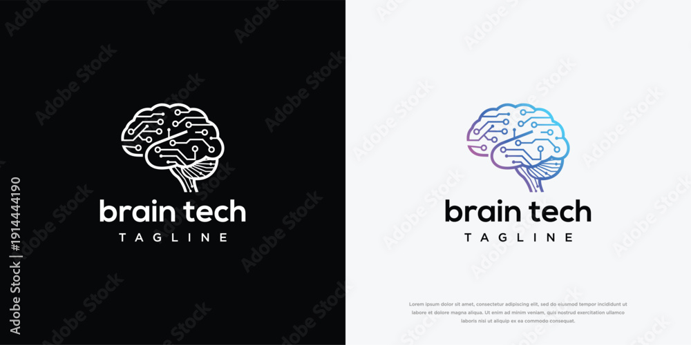 Fototapeta premium Brain Tech Logo Design - AI Digital Intelligence Neural Network Concept.