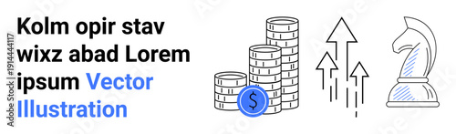 Investment, business growth, financial planning, success strategy, wealth building, decision making. Stacked coins, upward arrows chess knight symbol. Financial planning and business growth concept