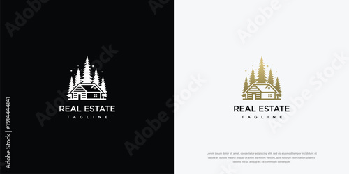 Real Estate Logo House in Forest Minimalist Design Gold  White.
