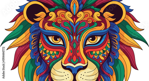 Vibrant colorful illustration of a lion's face with intricate patterns and designs on its mane and face against a white background.