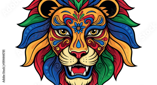 Vibrant illustration of a lion's head with colorful swirling patterns on its mane and face against a clean white background.