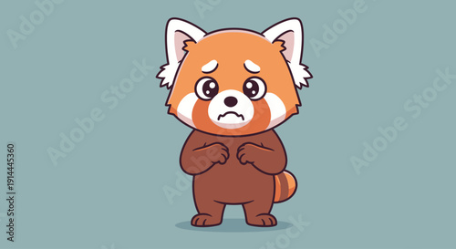 Cute worried red panda cartoon character with expressive eyes and sad posture.